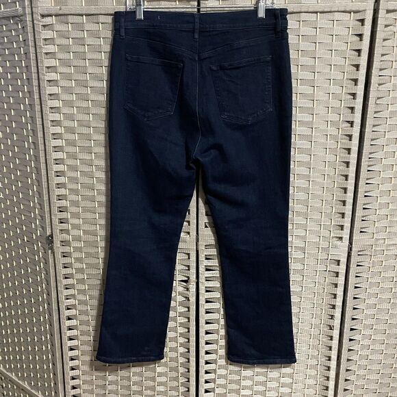 Loft Outlet HIGH RISE FLARE CROP Jeans Size 10 Dark Wash Blue Button Fly Stretch - Picture 2 of 10